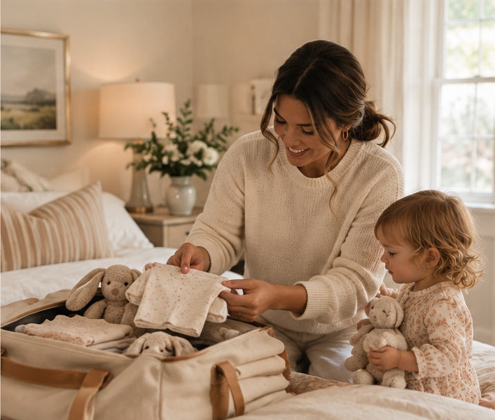 Nanny helping a child prepare for a family trip